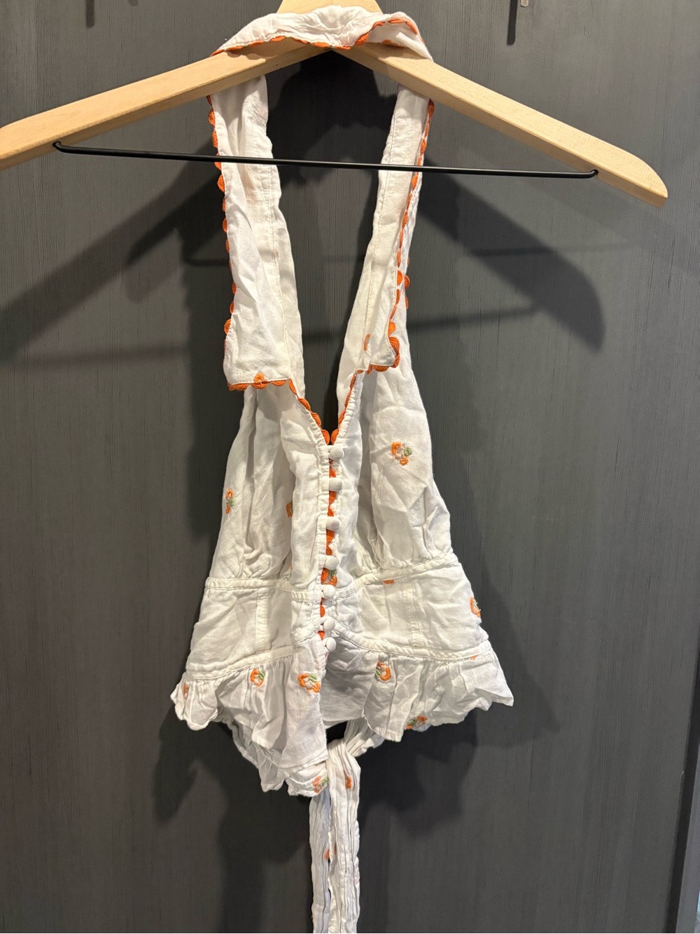 White Halter Ruffle Crop Top with Orange Trim